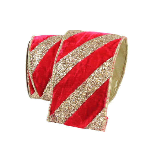 4" Farrisilk Chunky Striped- Red And Gold Wired Ribbon