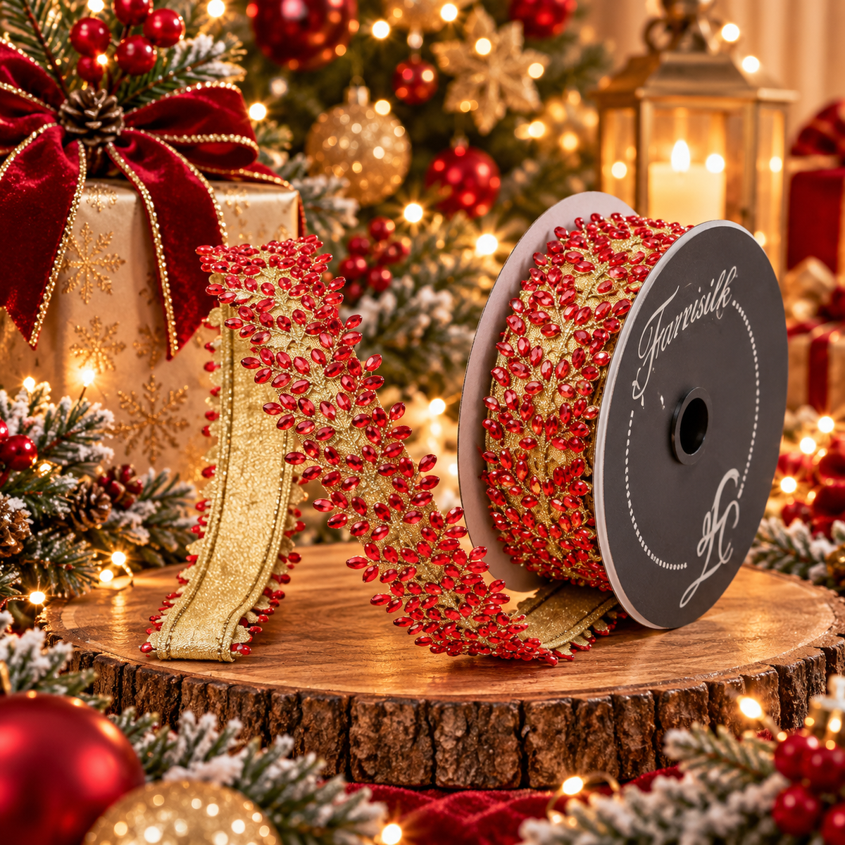 FARRISILK SPARKLING JEWELS 1"X5YD RED WIRED RIBBON