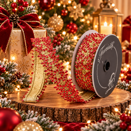 FARRISILK SPARKLING JEWELS 1"X5YD RED WIRED RIBBON