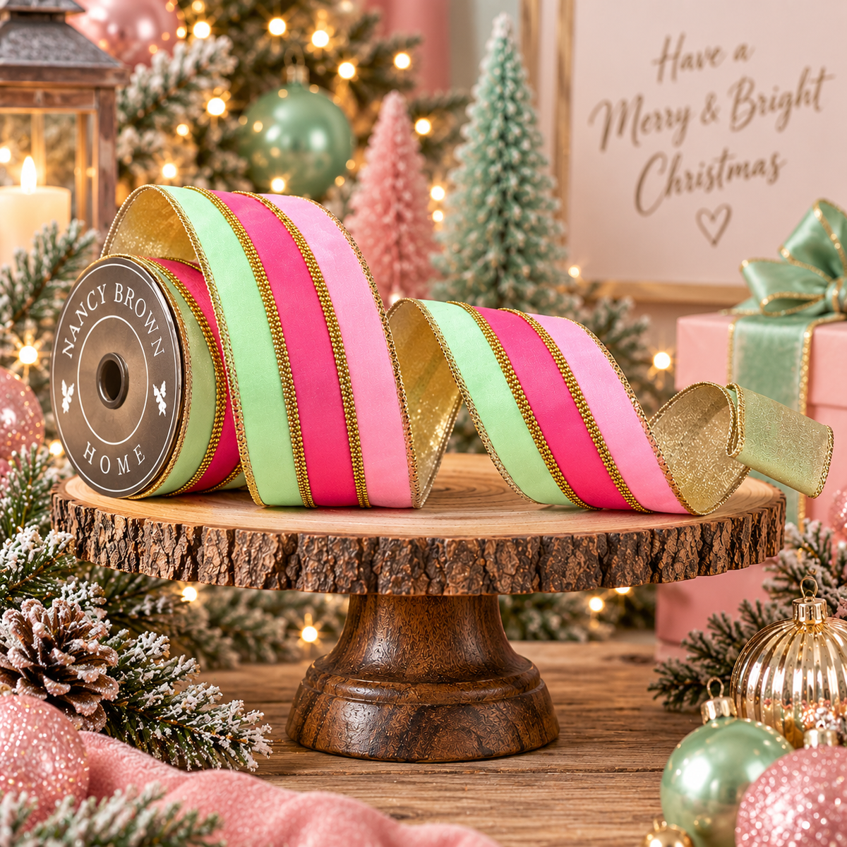 The Ba Bam Collection- Pink & Mint With Gold Bling Stripe 2.5"x5Y Wired Ribbon