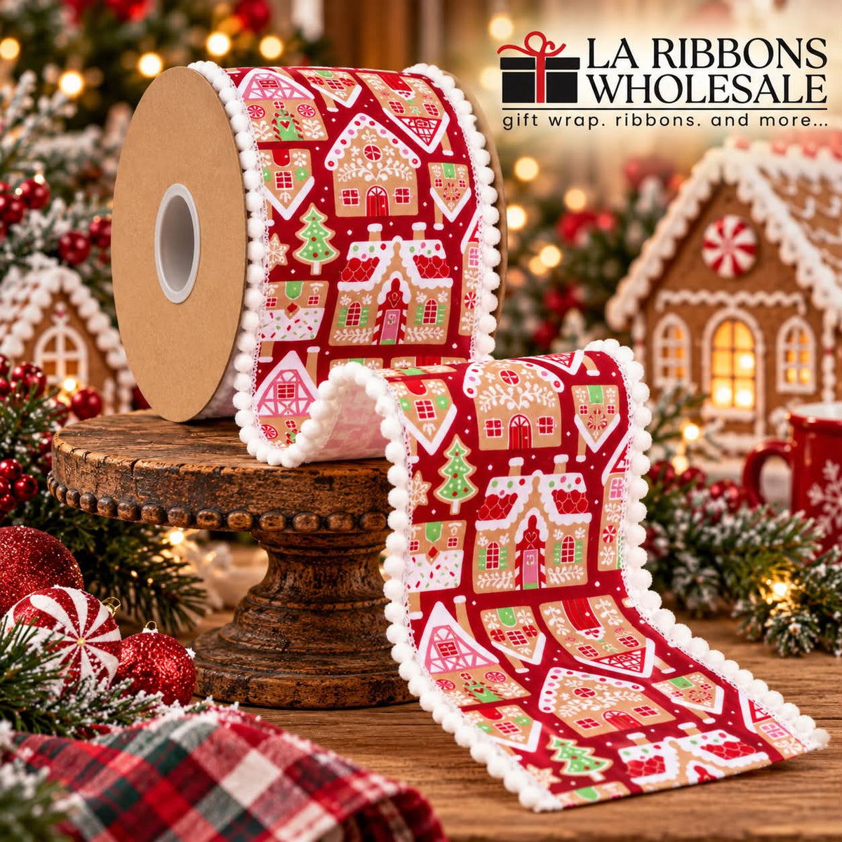 LA RIBBONS 4" Wired Dupioni Ribbon | Gingerbread Houses on Red w/ White Backing