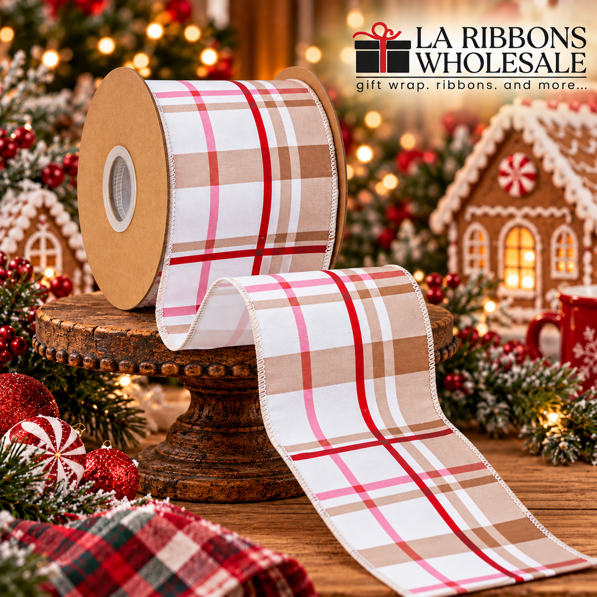 LA RIBBONS 4" Wired Dupioni Ribbon | Gingerbread Plaid w/ White Backing | 10 Yard Roll