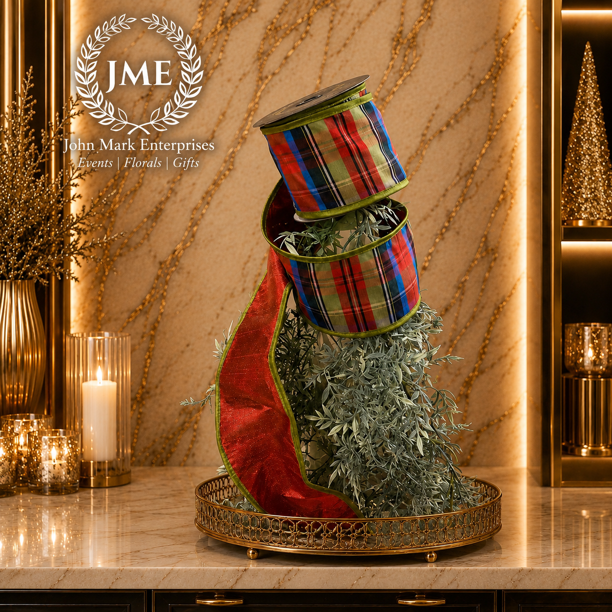 JME Stripe Metallic Dupion With Red & Green Metallic Piping-4x10yd Wired Ribbon