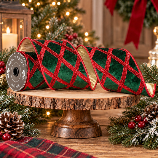 Nancy Brown Green & Red Velvet Harlequin Lux Double-sided Wired Ribbon 4"x5yd