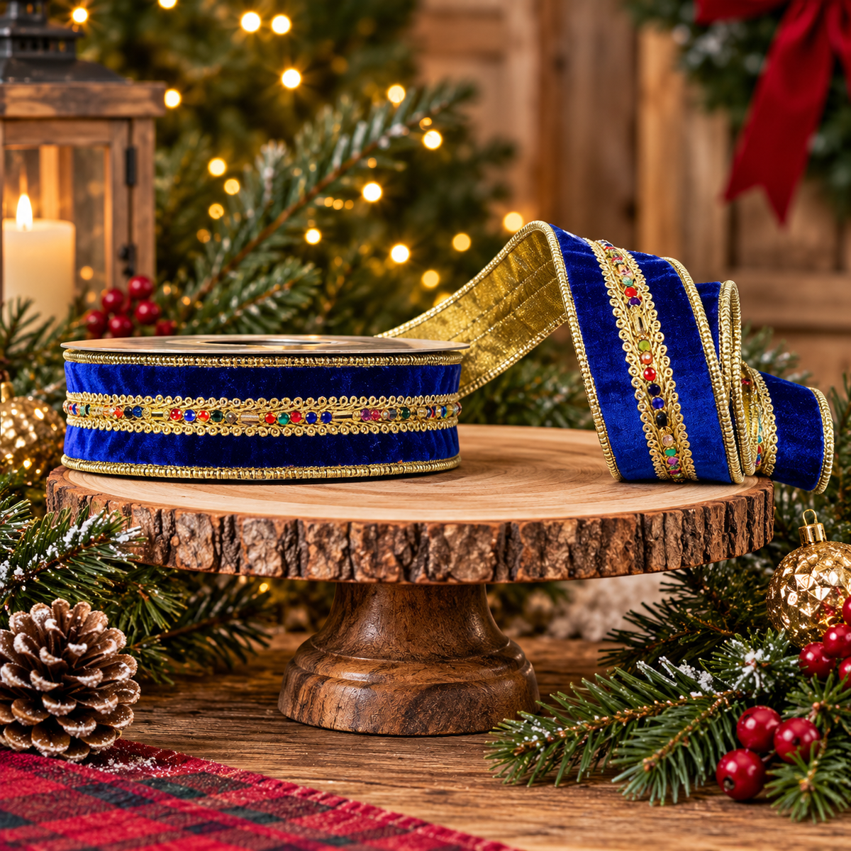 Nancy Brown Blue Multi Jewelled Velvet 1.5" x 5Y Wired Ribbon