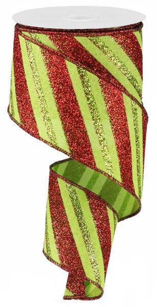2.5" x Red and Lime Green Diagonal Glitter Stripe