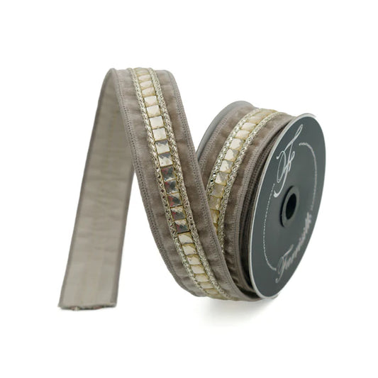 1.5" Farrisilk Gemstone Designer Wired Ribbon in Platinum