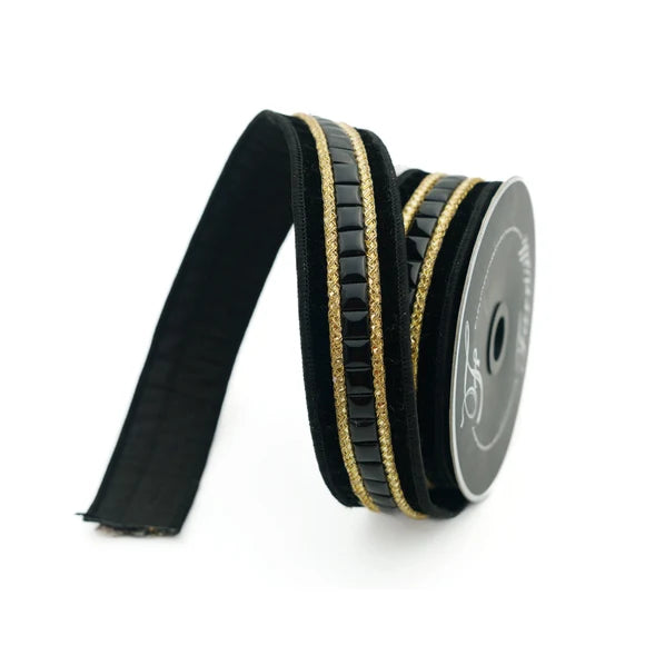 Farrisilk Gemstones 1.5"X5YD Wired Ribbon - Black and Gold