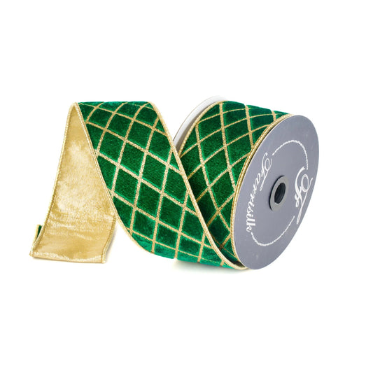 FARRISILK METALLIC DIAMOND 2.5"X10YD WIRED RIBBON - EMERALD AND GOLD