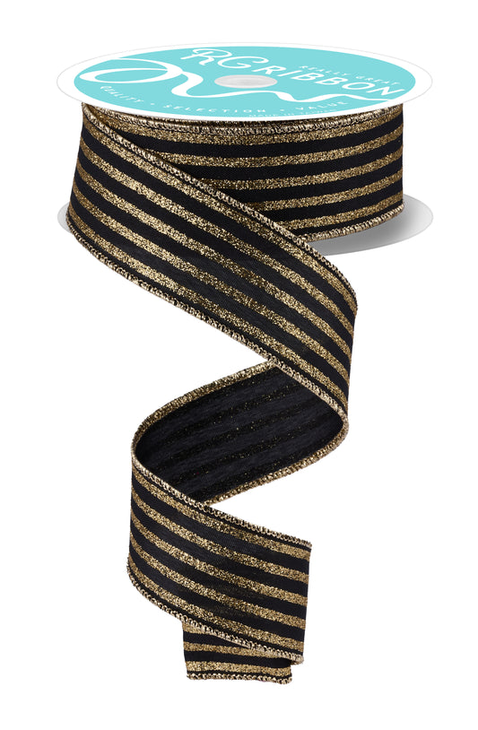 1.5" x 10yd Glitter Vertical Stripe Black/Gold