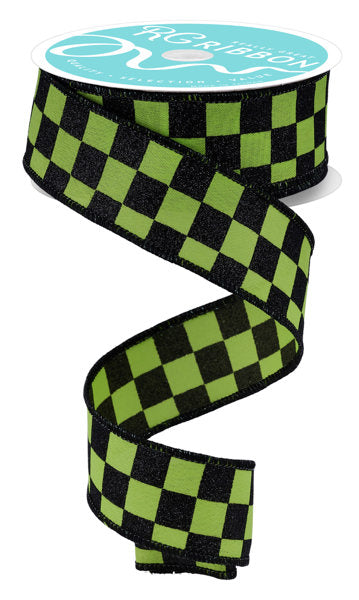 1.5" Lime Green and Black Glitter Check