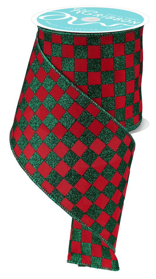 4" x 10yd Print Glitter Checkerboard Red/Emerald Green