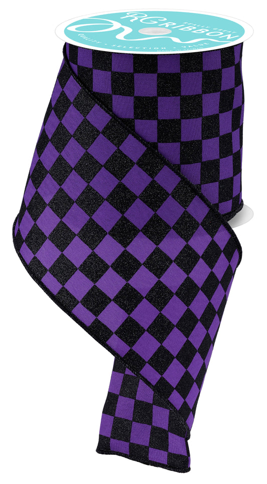 4" x 10yd Print Glitter Checkerboard Black/Purple