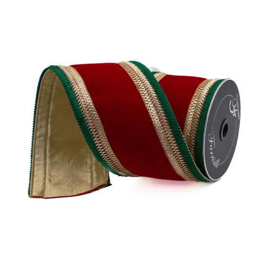 FARRISILK ROYAL FRINGE 4"X5YD RED & GREEN WIRED RIBBON