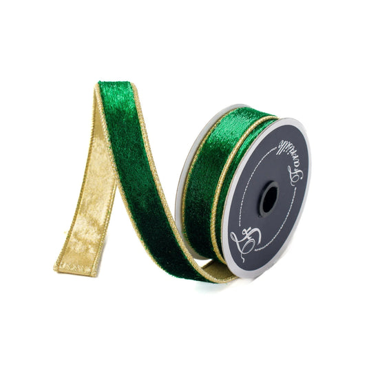 1" Farrisilk Velvet Sheen- Emerald And Gold Wired Ribbon