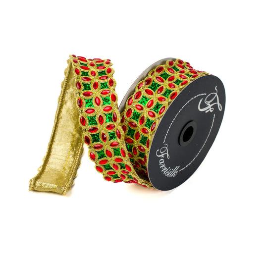 FARRISILK SPARKLING STARS  1.5"X5YD RED AND GREEN WIRED RIBBON