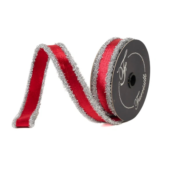 Farrisilk Tinsel Borders 1"X10YD Wired Ribbon - Red and Silver