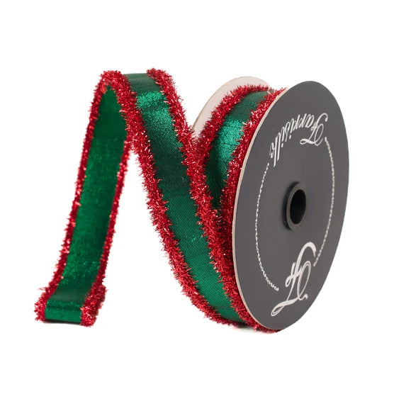 Farrisilk Tinsel Borders 1"X10YD Wired Ribbon - Emerald and Red