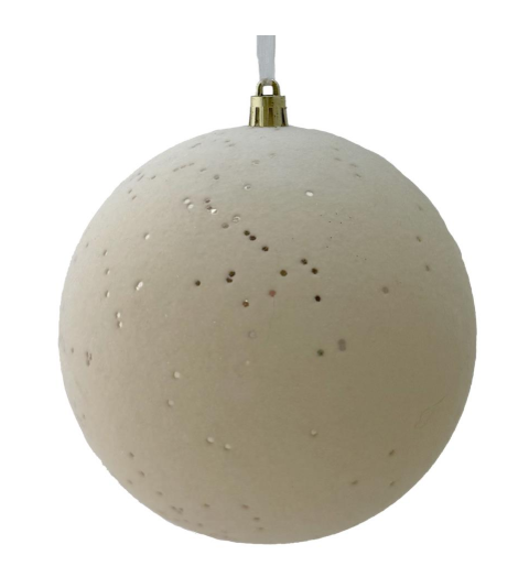 15CM SPARKLE FLOCK BAUBLE Cream