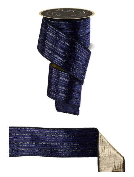D'LUX 2.5" x 10yd Stripe Velvet With Metallic Backing Wired Ribbon - Navy and Gold