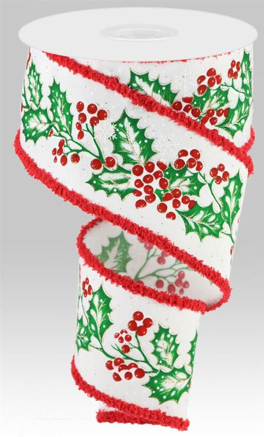 2.5" x 10yd Holly Berries/Snow/Drift Wired Ribbon