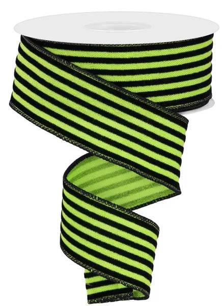 1.5" x 10yd Velvet Vertical Thin Lines Wired Ribbon - Green & Black