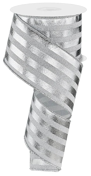 2.5" x 10yd Metallic Vertical Stripes - Silver Wired Ribbon