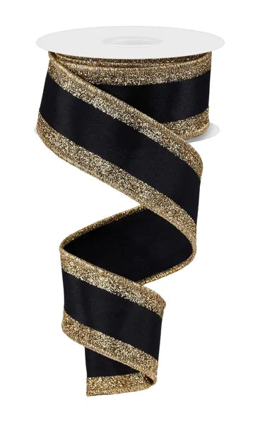 1.5" x 10yd Black and Gold Vertical Glitter Stripe