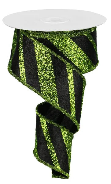 2.5" x 10yd Giant Diagonal Lines With Tinsel Edge Wired Ribbon - Black & Green