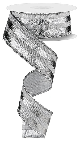 1.5" x 10yd Metallic Vertical Stripes - Silver Wired Ribbon