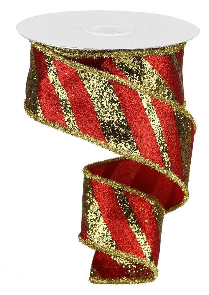 2.5" x 10yd Giant Diagonal Red/Gold Tinsel Wired Ribbon