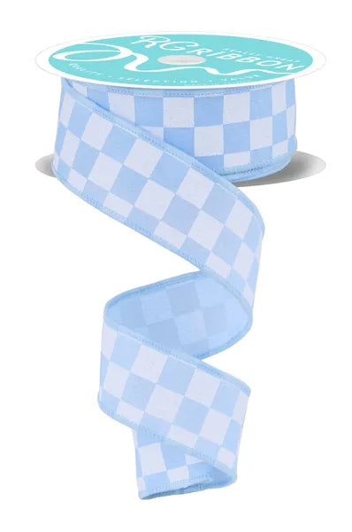 1.5" x 10yd Light Blue and White Print Glitter Check Wired Ribbon