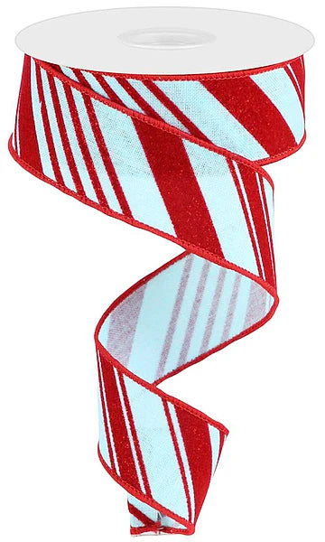 1.5" x 10yd Glitter Velvet Diag Stripes - Ice Blue and Red Wired Ribbon