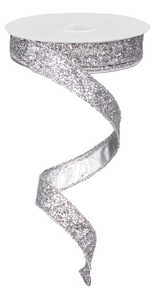 5/8" x 10yd Glitter On Metallic Silver Wired Ribbon