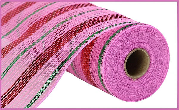 10.25" x 10yd Poly/Faux Jute/Metallic Mesh - Pink, Red and Emerald