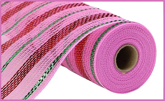 10.25" x 10yd Poly/Faux Jute/Metallic Mesh - Pink, Red and Emerald