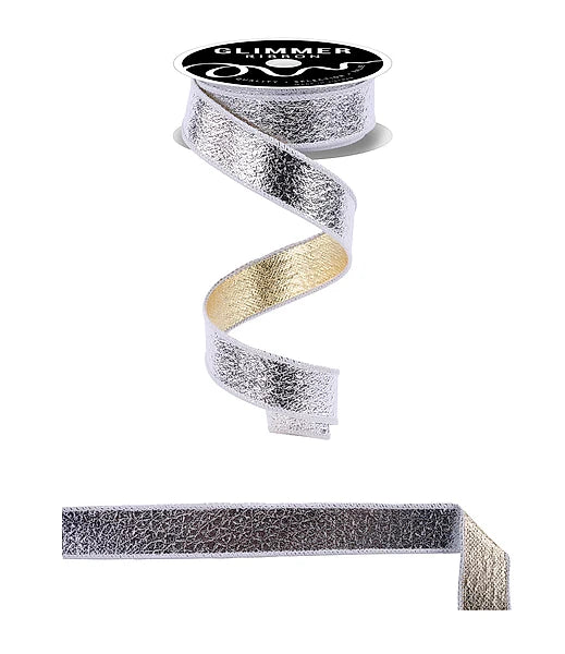 1" x 10yd Ice Crackle/Sparkle Fused - Silver and Gold Wired Ribbon