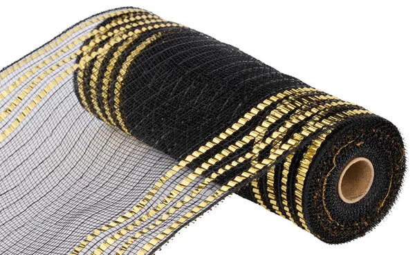 10.25" x 10yd Matte Metallic Border Mesh - Black & Gold