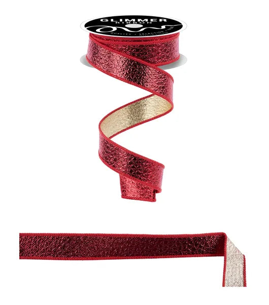 1" x 10yd Ice Crackle Sparkle Fused Wired Ribbon - Red and Gold