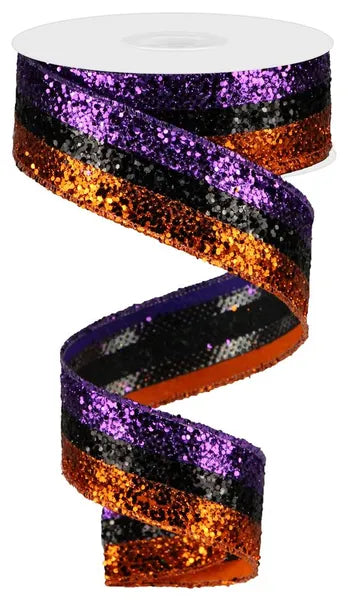 1.5" x 10yd 3-In-1 Large Glitter Wired Ribbon - Black, Orange & Purple