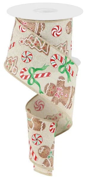 2.5" x 10yd Gingerbread With Candy On Royal Burlap Wired Ribbon