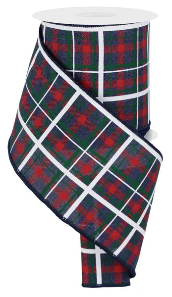 4" x 10yd Printed Plaid Wired Ribbon - Navy, Emerald, Red and White