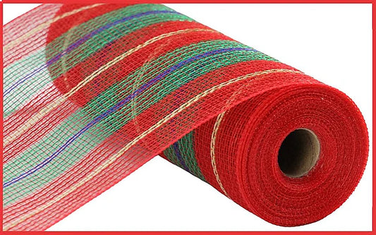 10.25" x 10yd Faux Jute/Thick Stripe Mesh - Red, Emerald, Royal Blue and Gold