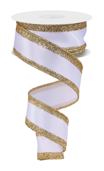1.5" x 10yd White and Gold Vertical Glitter Stripe