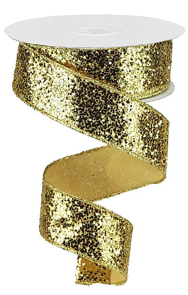 1.5" x 10yd Large Glitter - Gold Wired Ribbon