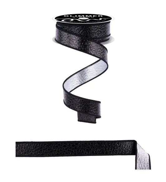 1" x 10yd Ice Crackle Sparkle Fused Wired Ribbon - Black and Silver