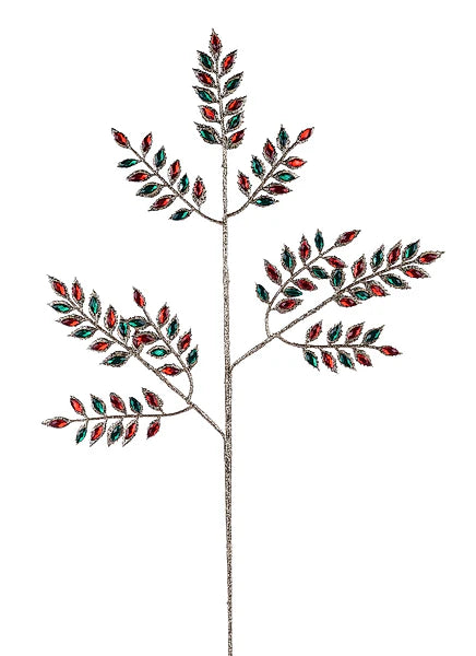 22"L Glitter Fern Jewel Spray - Emerald, Red and Gold
