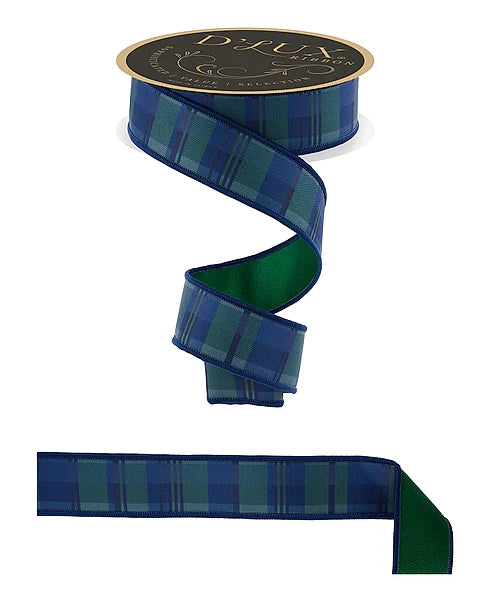 D,LUX 1.5" x 10yd Plaid/Fused - Emerald and Navy Wired Ribbon