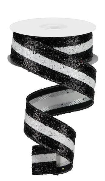 1.5" x 10yd 3-In-1 Large Glitter Wired Ribbon - Black and White