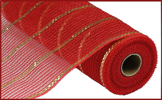10.25" x 10yd Poly/Faux Jute/Matte Mesh -  Red and Gold